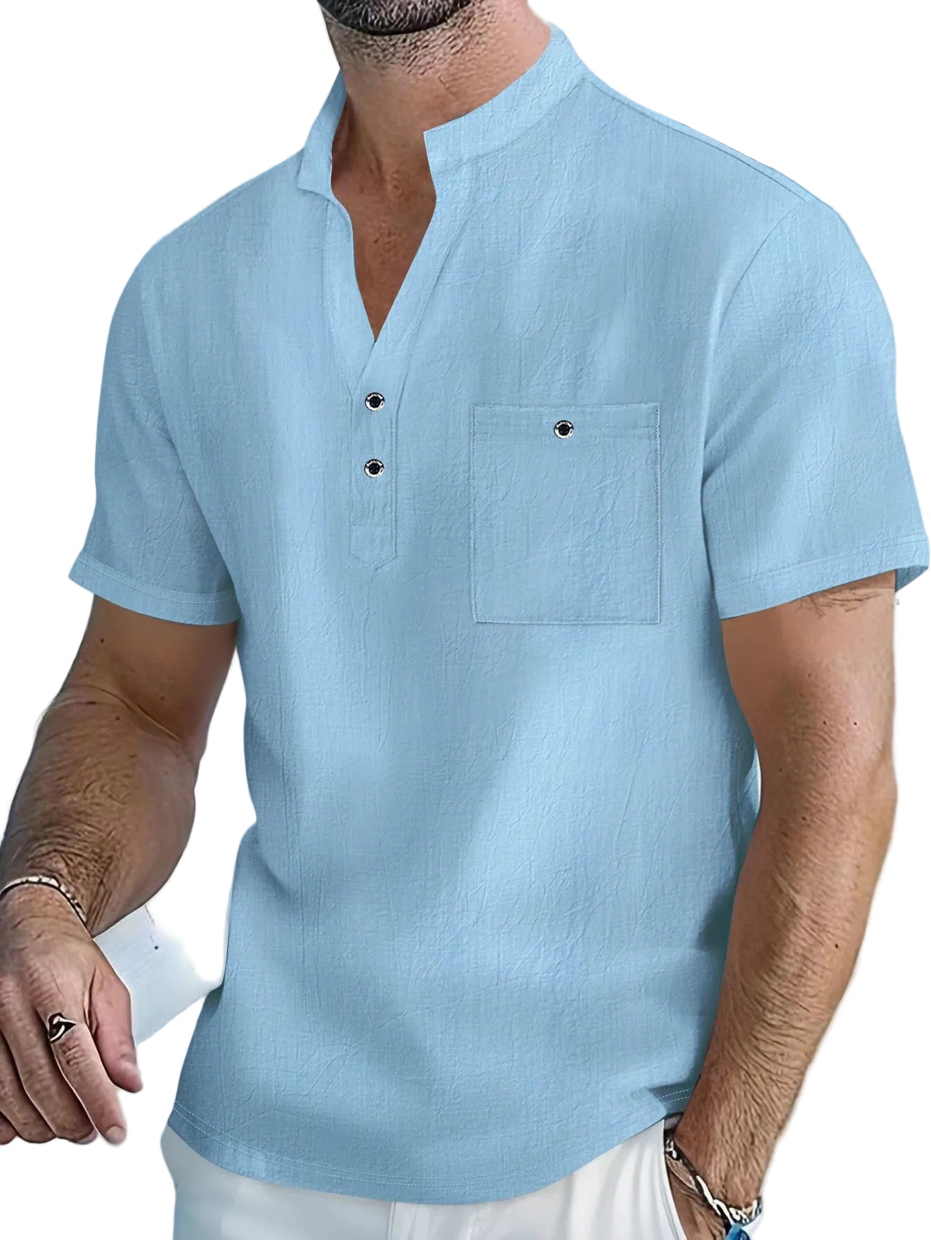 VALORIA | Men’s stylish cotton linen stand collar shirt relaxed casual look