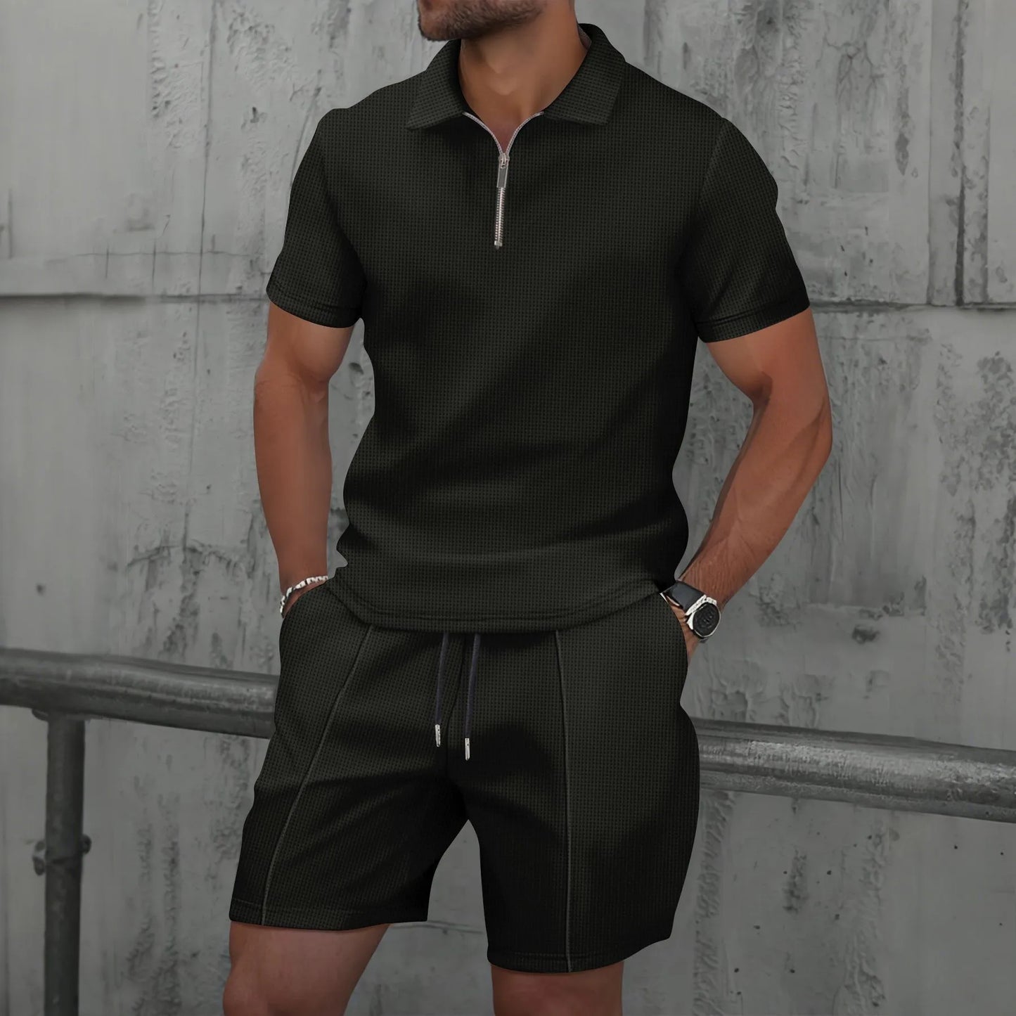 VALORIA | Men’s stylish waffle knit polo and shorts set casual coordinated outfit