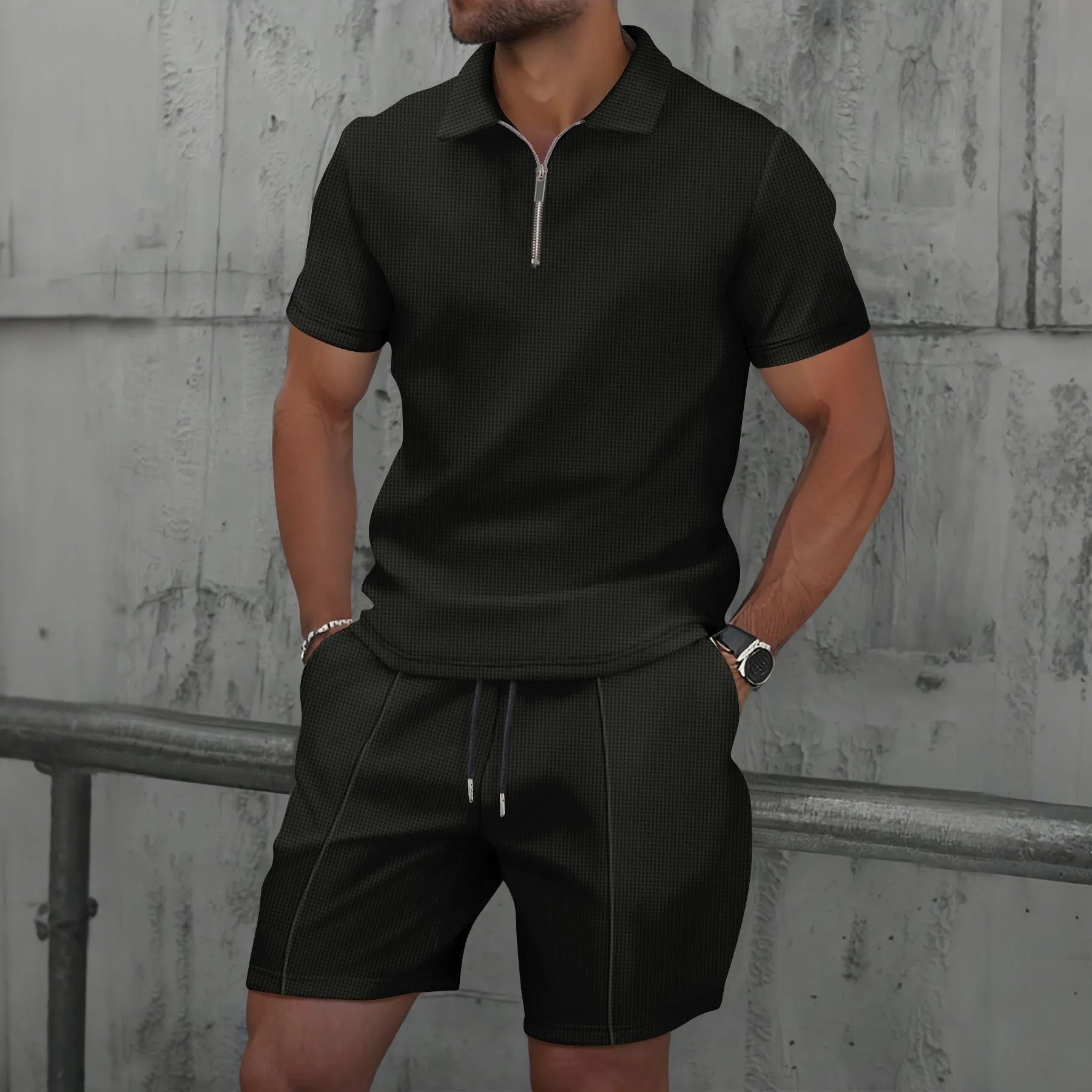 VALORIA | Men’s stylish waffle knit polo and shorts set casual coordinated outfit