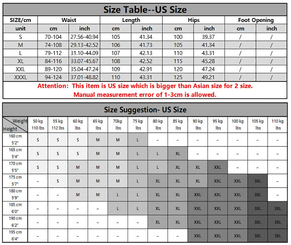 Size chart for clothing with US size conversion and weight height suggestions.