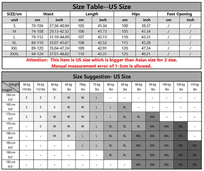 Size chart for clothing with US size conversion and weight height suggestions.