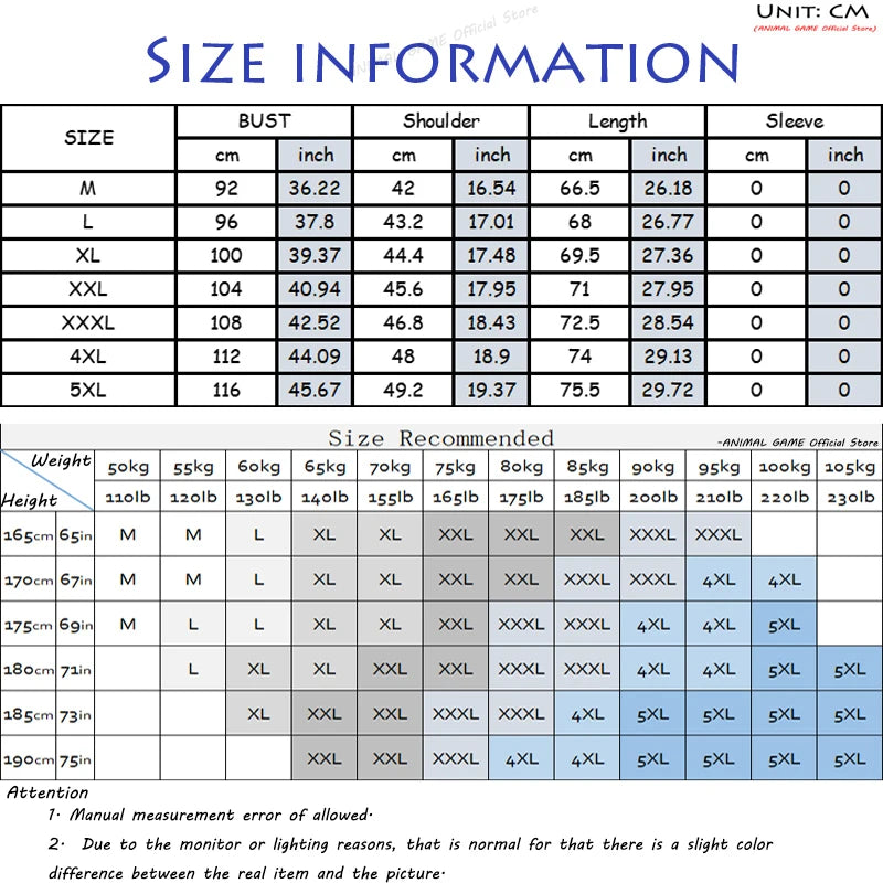 Size chart for clothing with measurements in centimeters and inches.