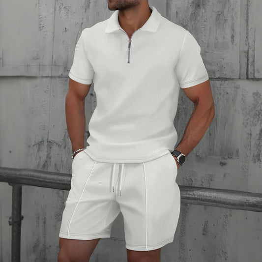 VALORIA | Men’s waffle knit polo and shorts set breathable summer design