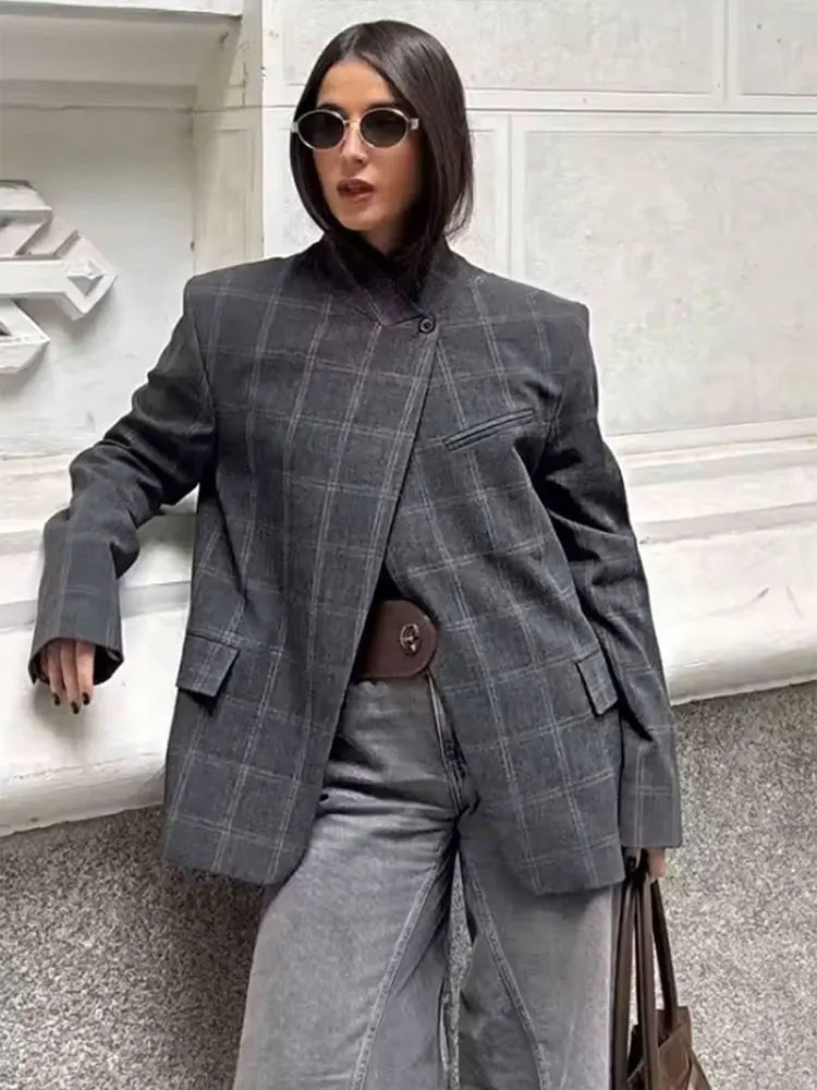 VALORIA | Women’s Plaid Stand Collar Jacket for Everyday Wear