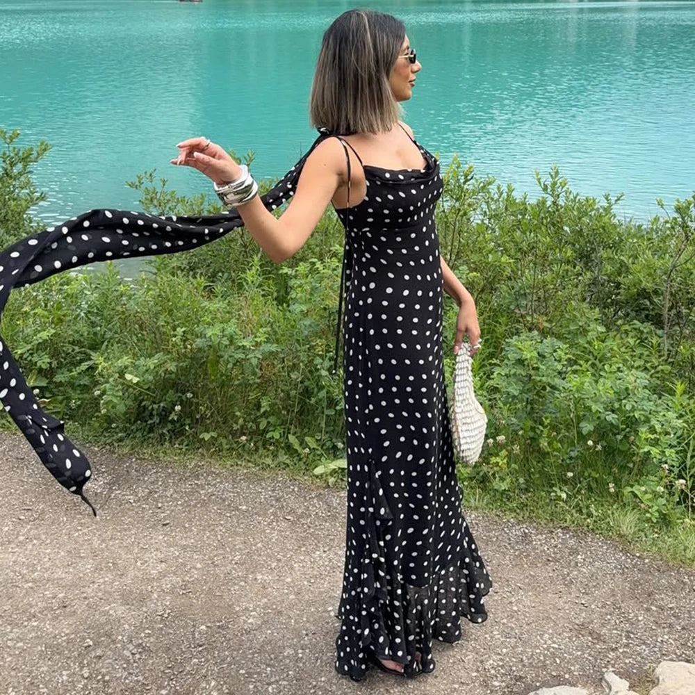 VALORIA | Women’s chic polka dot pleated halter maxi dress with timeless vintage-inspired style
