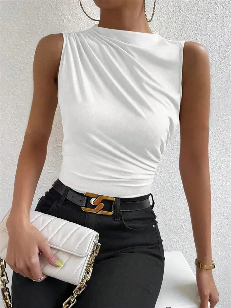 VALORIA | Women’s chic ruched mock neck sleeveless top for work, dinners and special occasions