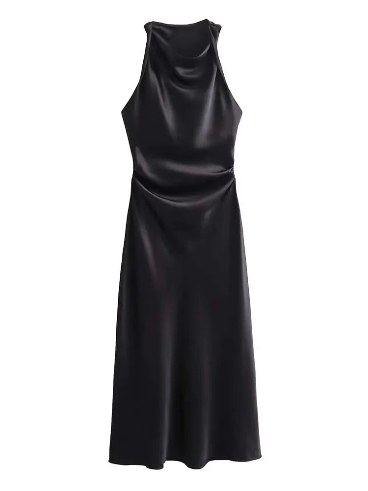 VALORIA | Women’s chic sleeveless satin midi dress for date nights and special occasions