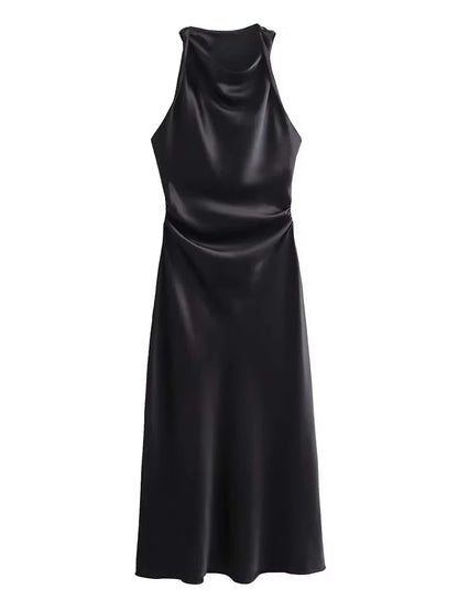VALORIA | Women’s chic sleeveless satin midi dress for date nights and special occasions