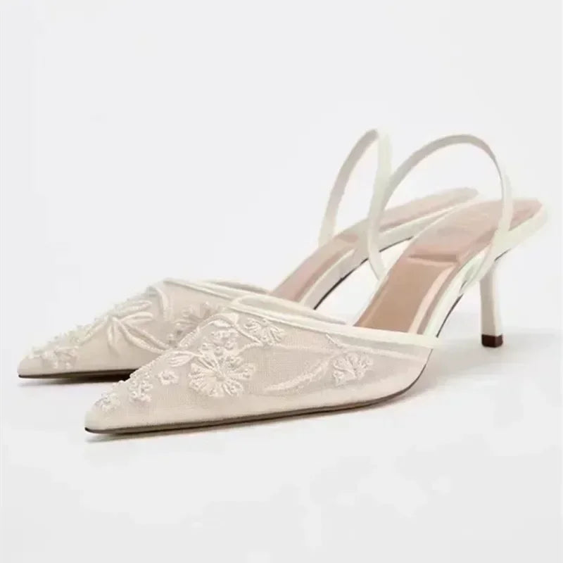 VALORIA | Women’s comfortable embroidered mesh heels evening outfit