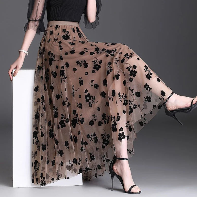 VALORIA | Women’s comfortable floral tulle midi skirt with lightweight breathable fabric