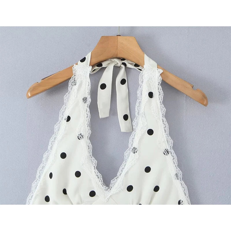 VALORIA | Women’s comfortable lace polka dot halter dress with lightweight breathable fabric