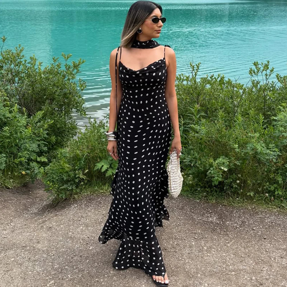 VALORIA | Women’s comfortable polka dot pleated halter maxi dress with lightweight breathable fabric