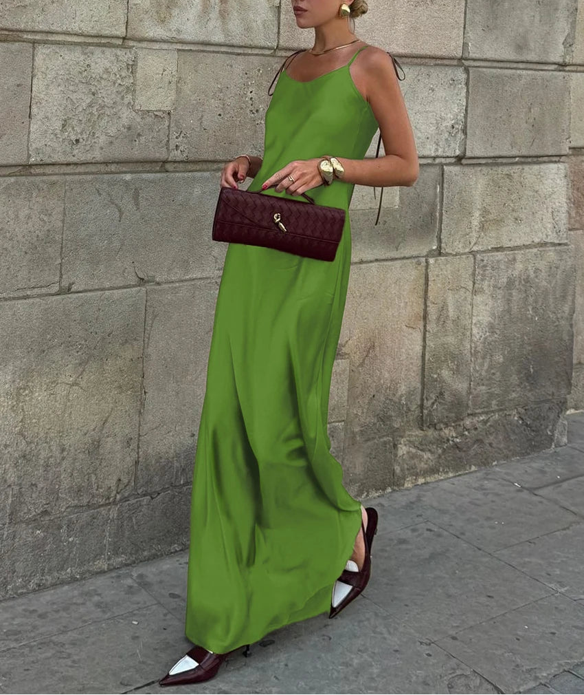 VALORIA | Women’s comfortable satin backless maxi dress with lightweight flowing fabric