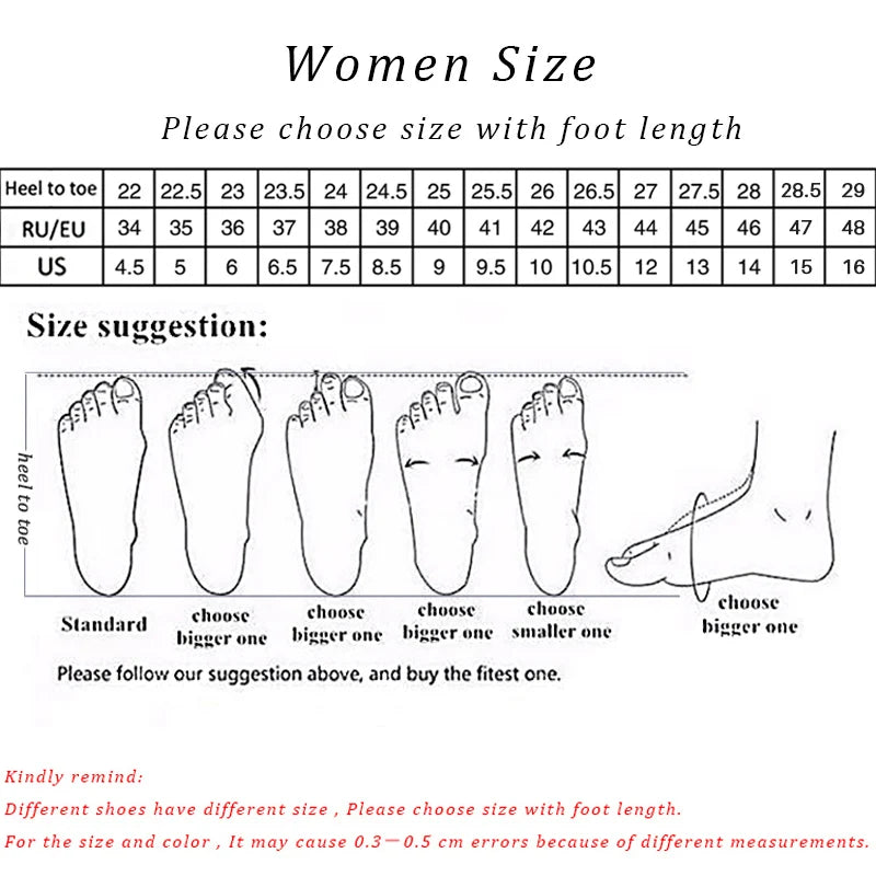 Foot size measurement chart for women with illustrations of feet and text instructions.