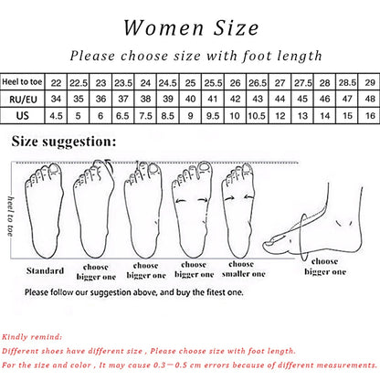 Foot size measurement chart for women with illustrations of feet and text instructions.