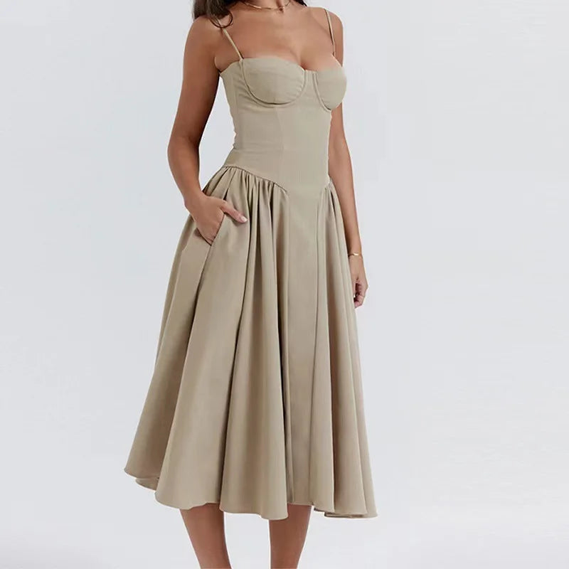 VALORIA | Women’s corset pleated midi dress crafted for graceful movement, refined style 