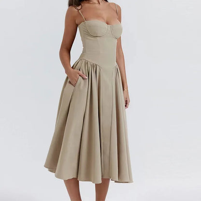 VALORIA | Women’s corset pleated midi dress crafted for graceful movement, refined style 