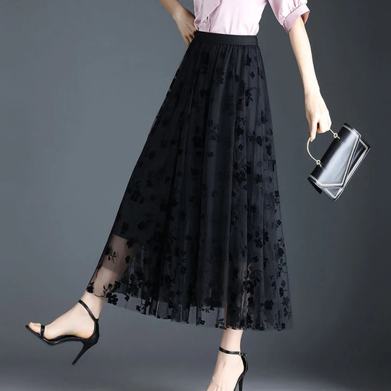 VALORIA | Women’s elegant floral tulle midi skirt with layered mesh design