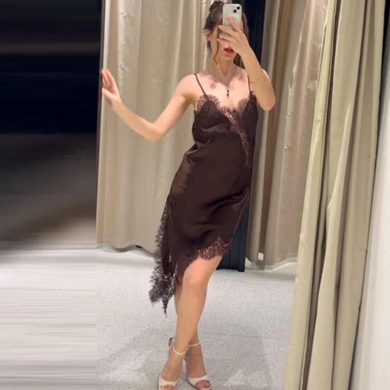 VALORIA | Women’s elegant lace asymmetric slip dress with delicate lace details