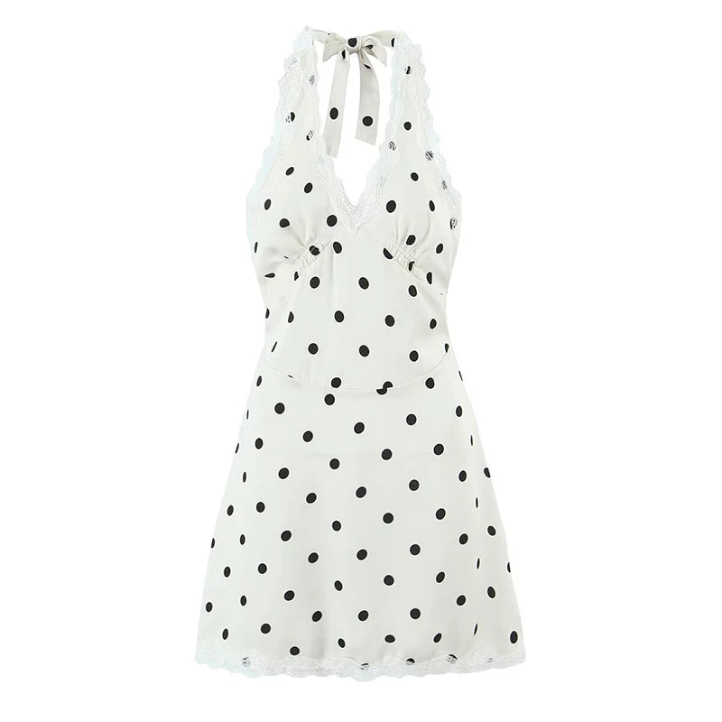 VALORIA | Women’s elegant lace polka dot halter dress with feminine silhouette