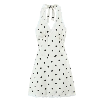VALORIA | Women’s elegant lace polka dot halter dress with feminine silhouette