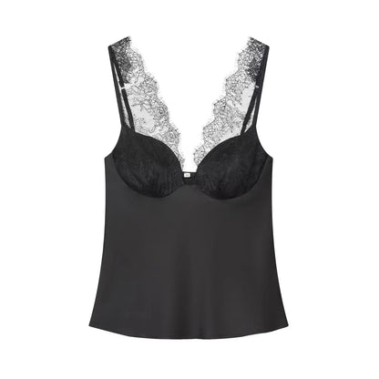 VALORIA | Women’s elegant lace splice V-neck cami top with delicate lace trim