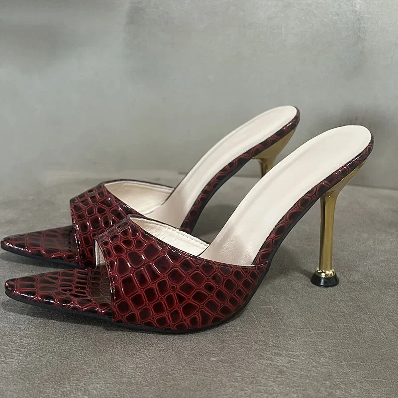 VALORIA | Women’s elegant open-toe crocodile texture heels offering comfort and timeless style