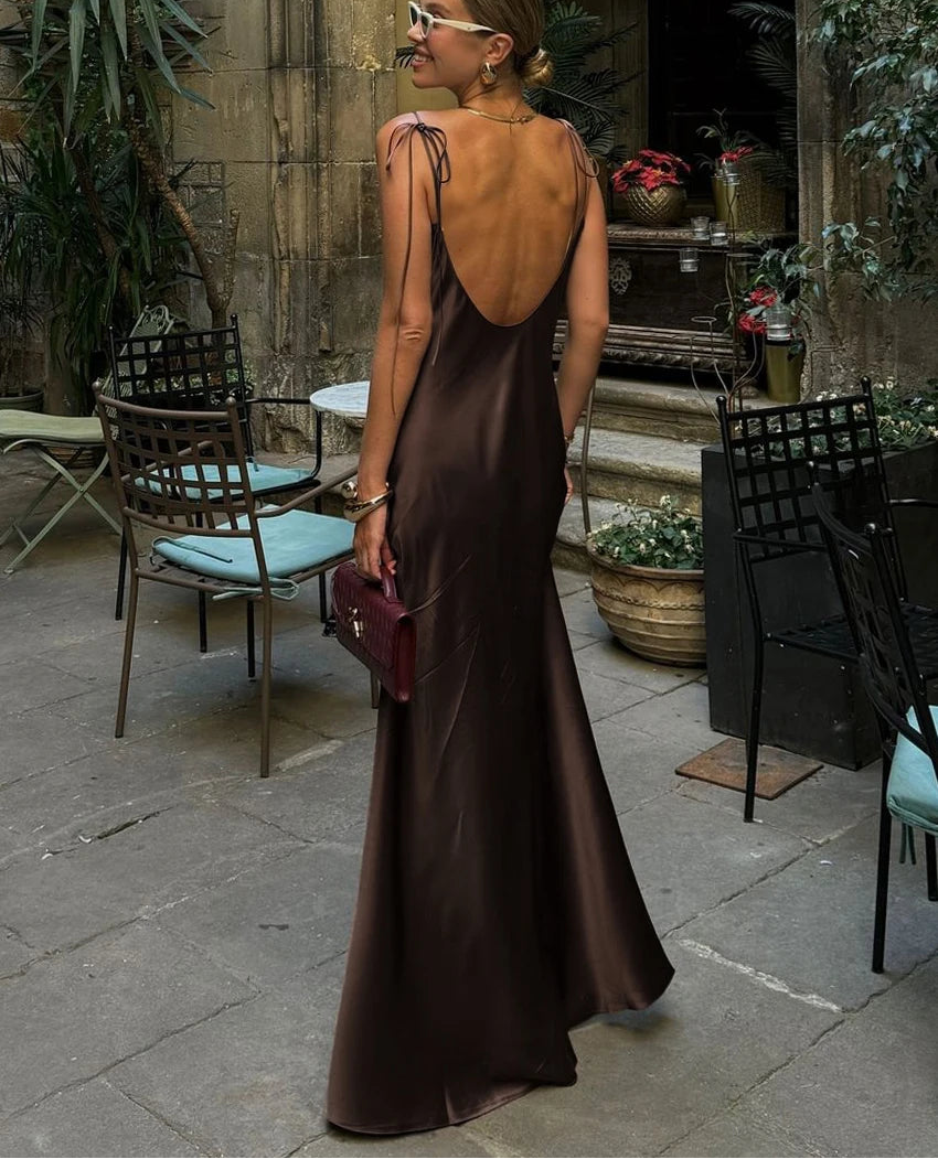 VALORIA | Women’s elegant satin backless maxi dress with silky smooth finish