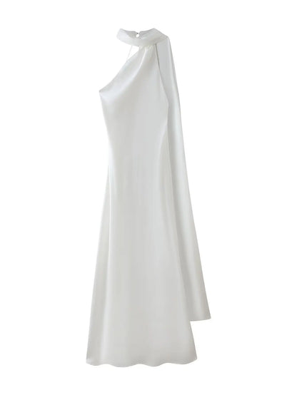 VALORIA | Women’s elegant satin halter maxi dress with open back design