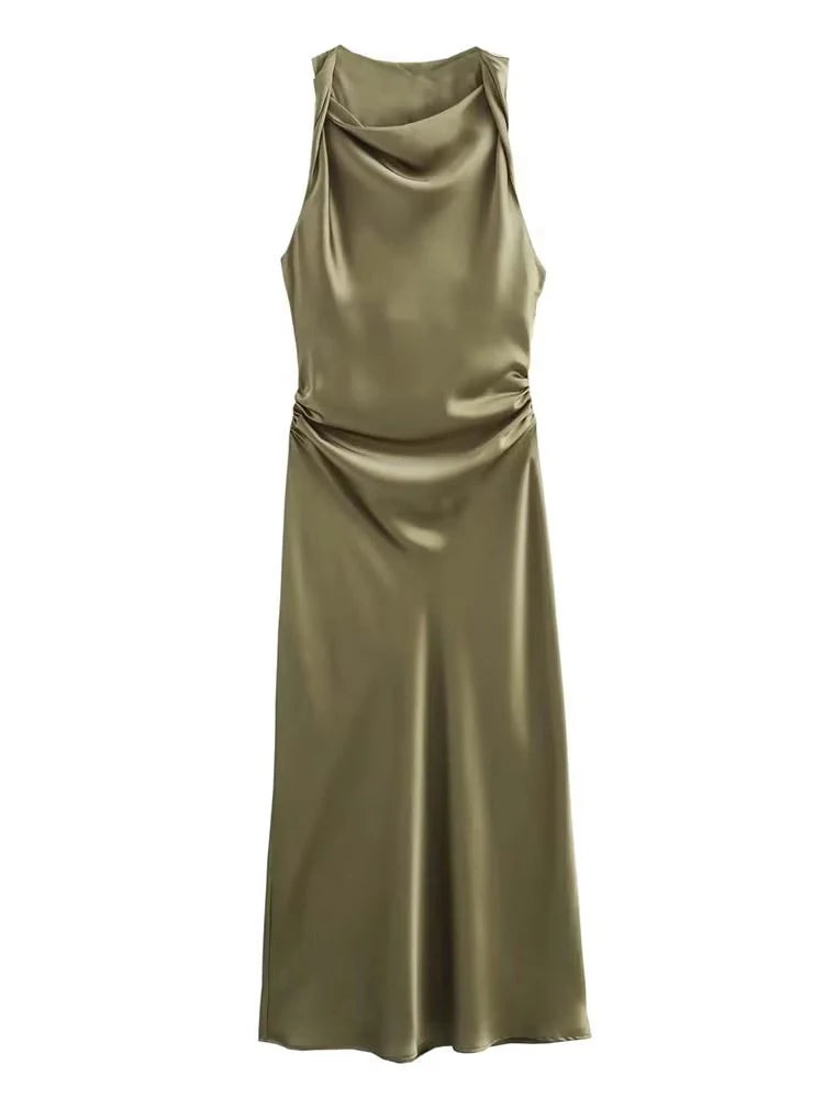 VALORIA | Women’s elegant satin slip midi dress with silky smooth finish