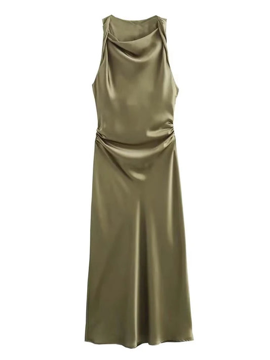VALORIA | Women’s elegant satin slip midi dress with silky smooth finish