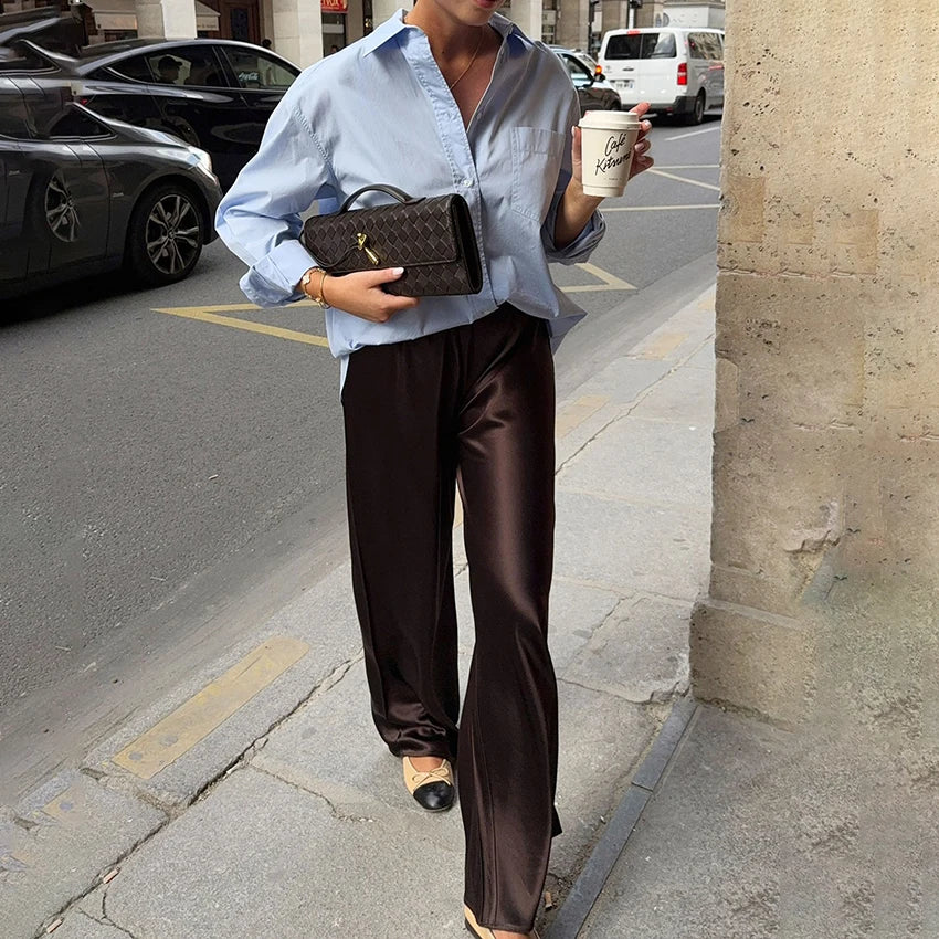 VALORIA | Women’s elegant satin wide leg pants with flowing silhouette