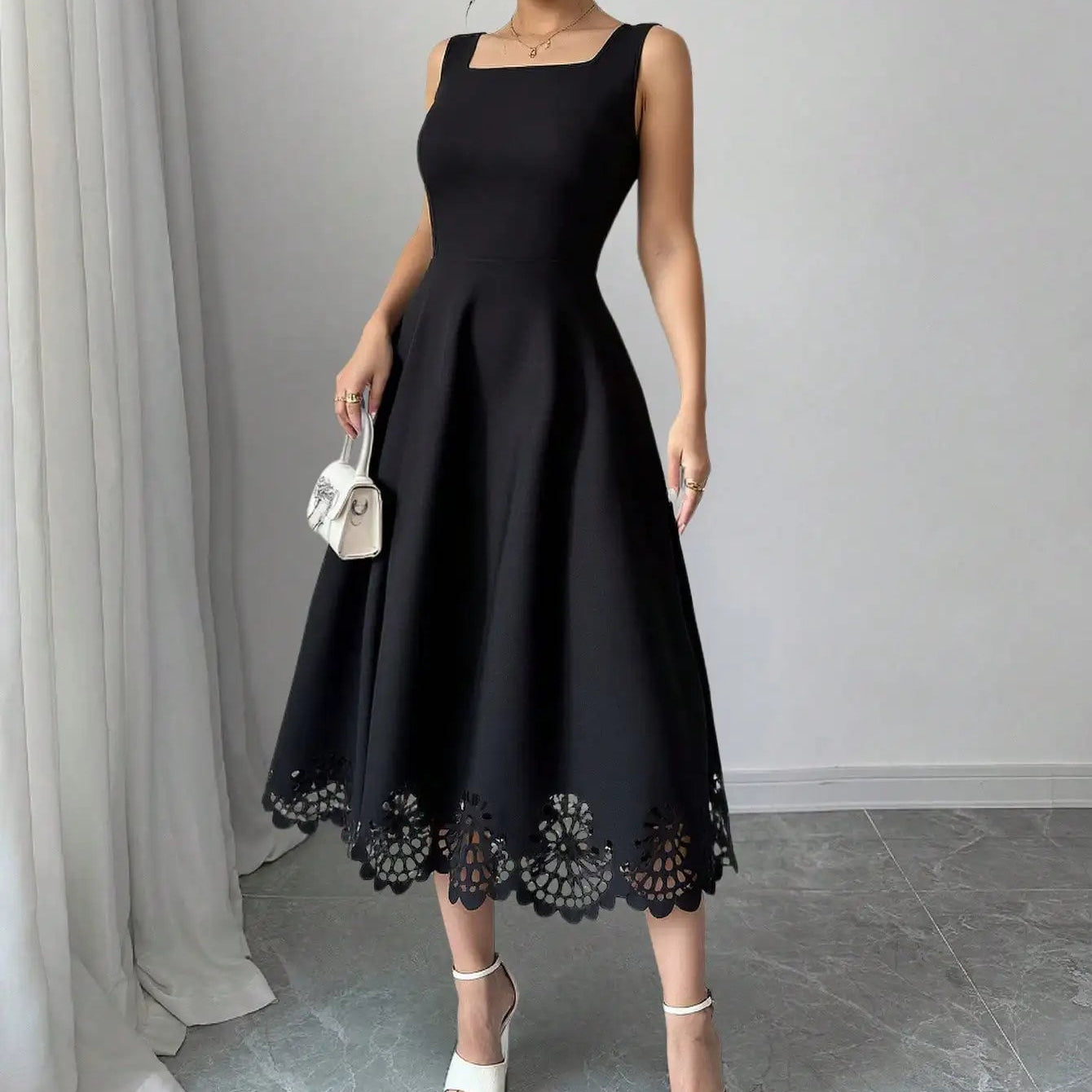 VALORIA | Women’s elegant square neck fit & flare dress with flattering silhouette
