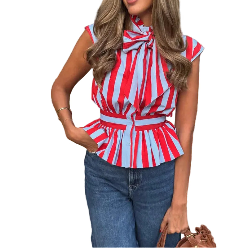 VALORIA | Women’s elegant striped bow sleeveless shirt with feminine design