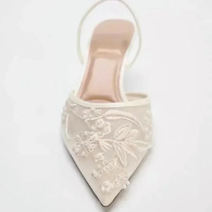 VALORIA | Women’s embroidered mesh heels elegant floral design