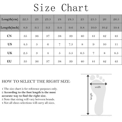 Size chart for shoes with measurements in centimeters, inches, CN, US, UK, and EU standards.