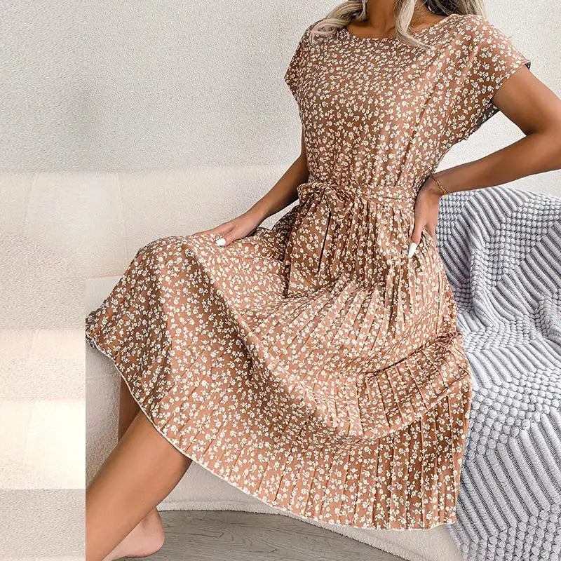 VALORIA | Women’s fashionable floral pleated A-line maxi dress for summer vacations 