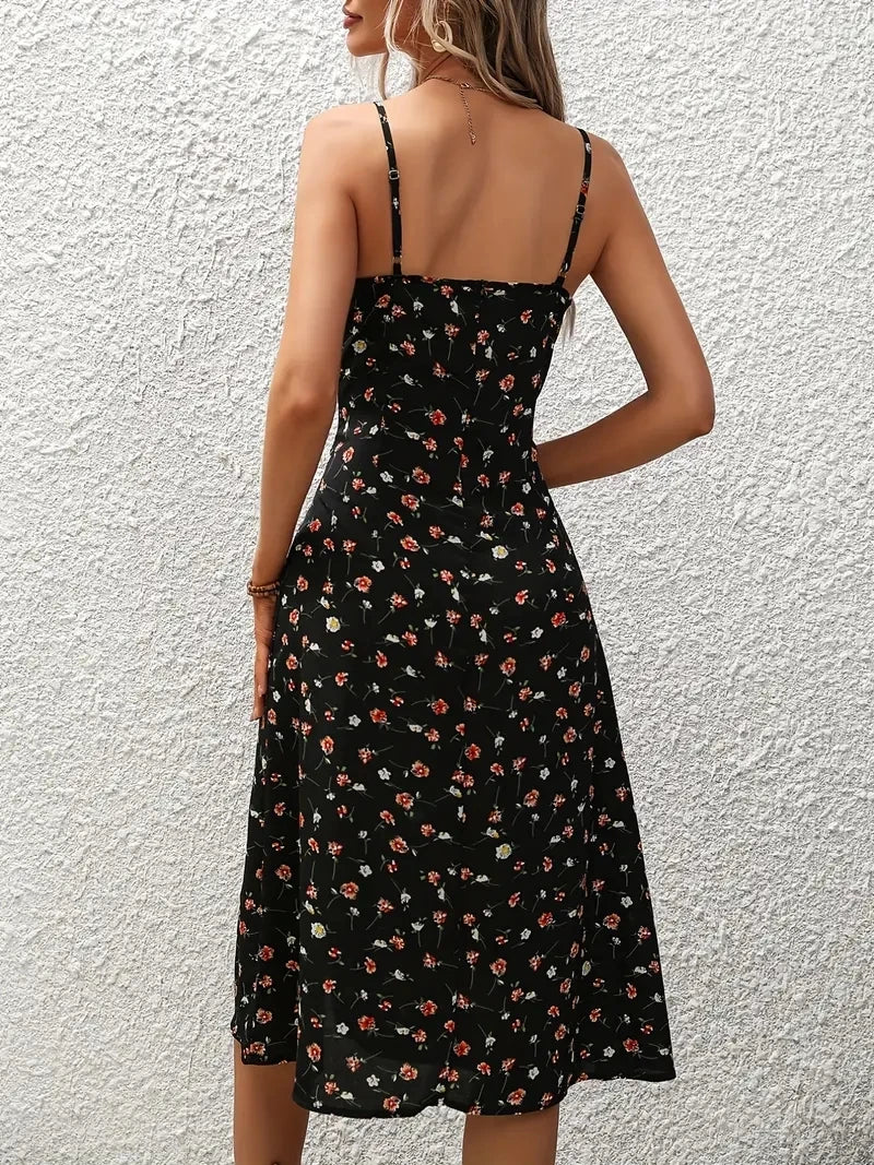VALORIA | Women’s fashionable floral square-neck slit dress for beach holidays and garden parties