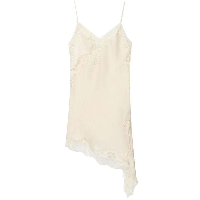 VALORIA | Women’s fashionable lace asymmetric slip dress for date nights, weddings and celebrations