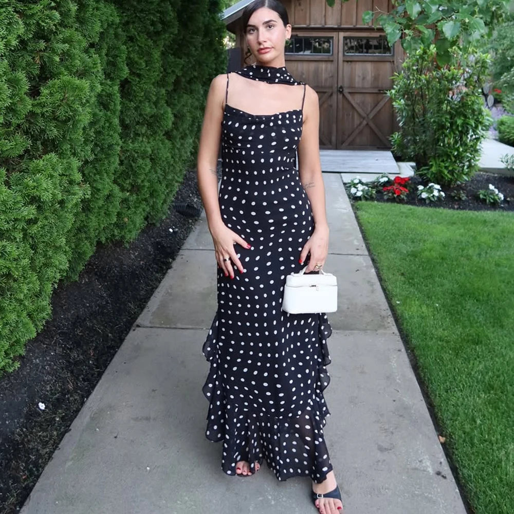 VALORIA | Women’s fashionable polka dot pleated halter maxi dress for vacations, garden parties and evening events