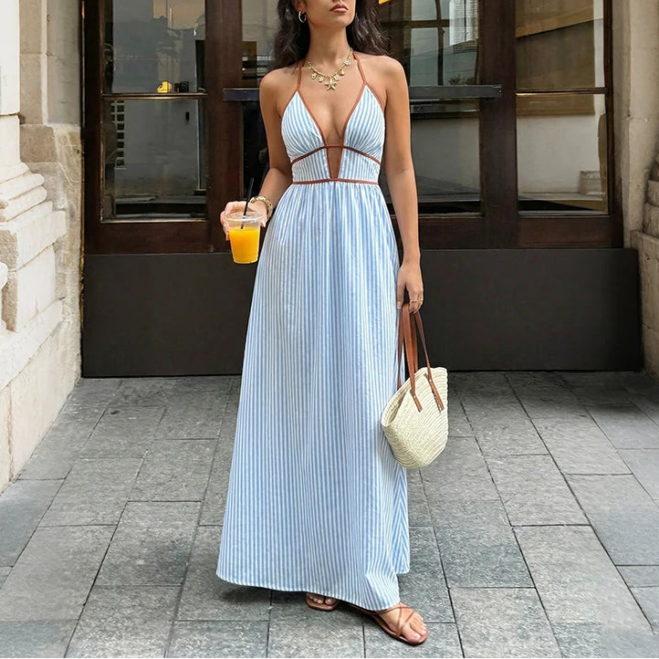 VALORIA | Women’s lightweight striped long dress pairing effortlessly with sandals and heels