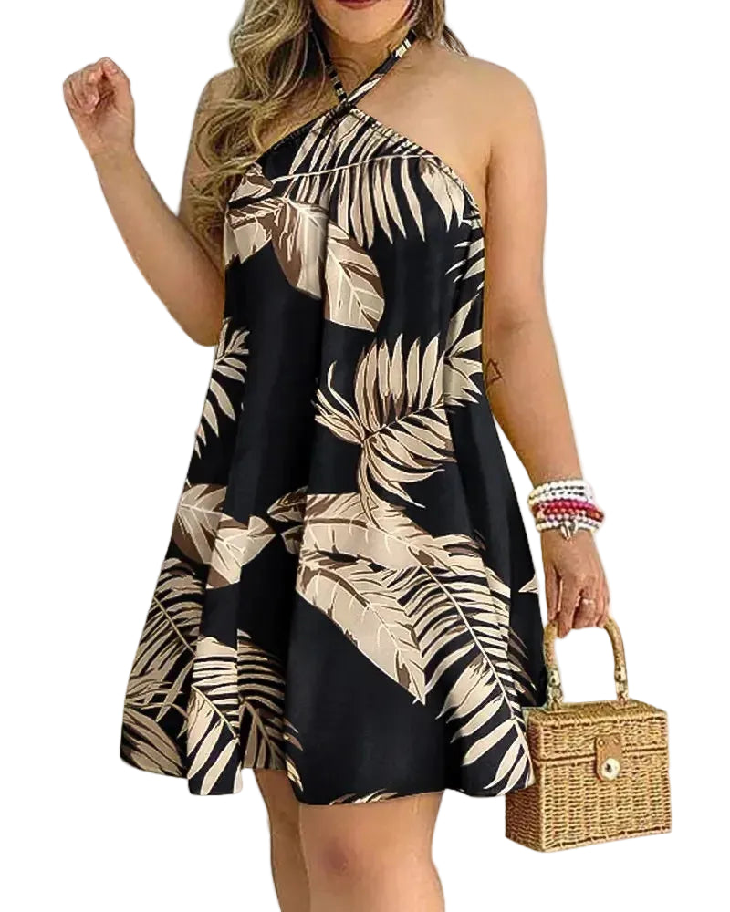 VALORIA | Women’s lightweight tropical leaf print halter mini dress for beach and resort wear