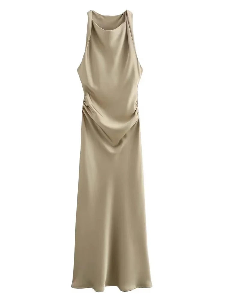 VALORIA | Women’s luxurious satin evening dress featuring a flattering midi silhouette