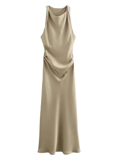 VALORIA | Women’s luxurious satin evening dress featuring a flattering midi silhouette