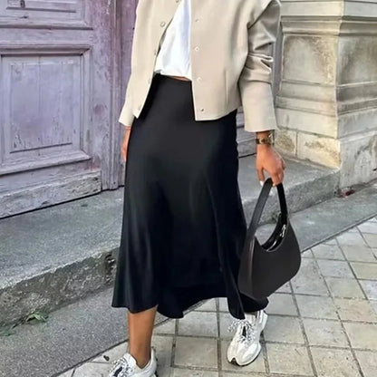 VALORIA | Women’s luxurious satin midi skirt with silky smooth finish