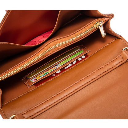 Brown leather handbag with a gold zipper, showing card slots inside.
