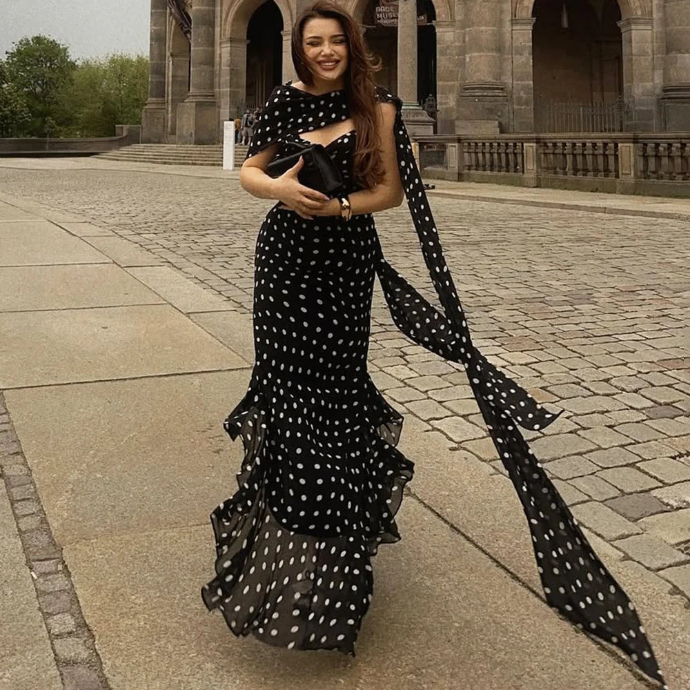 VALORIA | Women’s polka dot pleated halter maxi dress