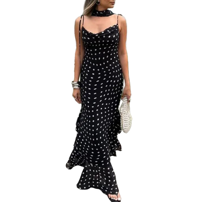 VALORIA | Women’s polka dot pleated halter maxi dress perfect for beach weddings, brunch and resort wear