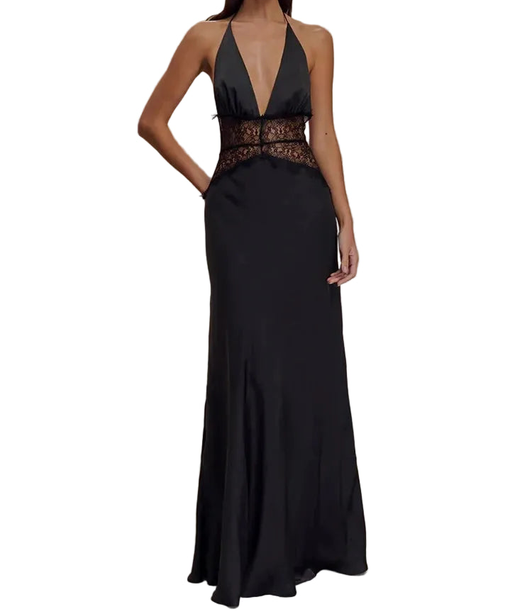 VALORIA | Women’s premium lace halter maxi dress featuring delicate lace detailing