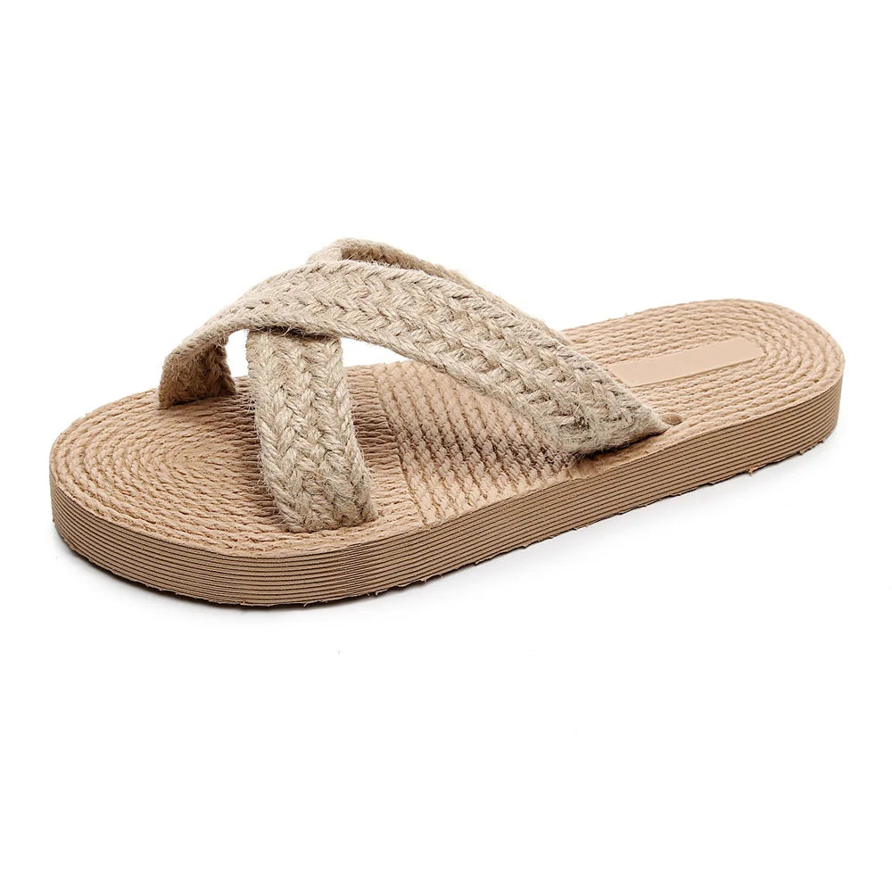 VALORIA | Women’s premium linen strap flat slippers soft natural texture